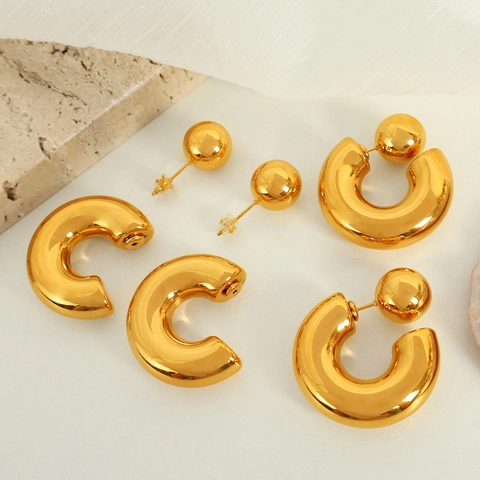 Minimalist Polished Stainless Steel Earrings Chunky C-Shape And Double Ball Studs Metallic Geometric Jewelry For Women