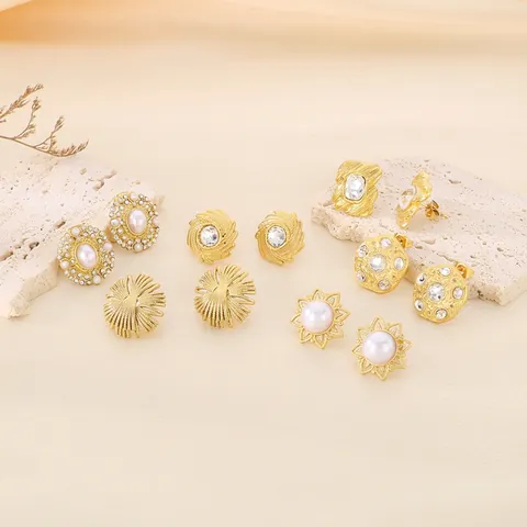 Vintage Stainless Steel Stud Earrings With Rhinestone And Imitation Artificial Pearl Geometric Irregular Baroque Elegant Jewelry Women