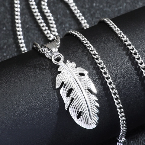 Collar Con Colgante De Pluma Acero Inoxidable Hip Hop Hombres Vintage Color Plata Joyería Regalo