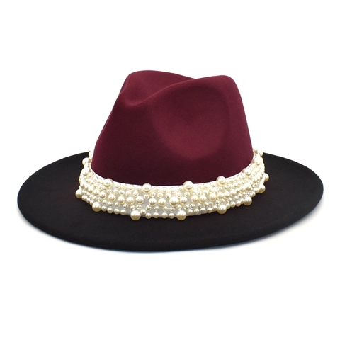 Cappello Fedora Bicolore In Lana Tesa Larga Decorazione Nastro Künstliche Perle Elegante Stile Jazz Per Uomo E Donna