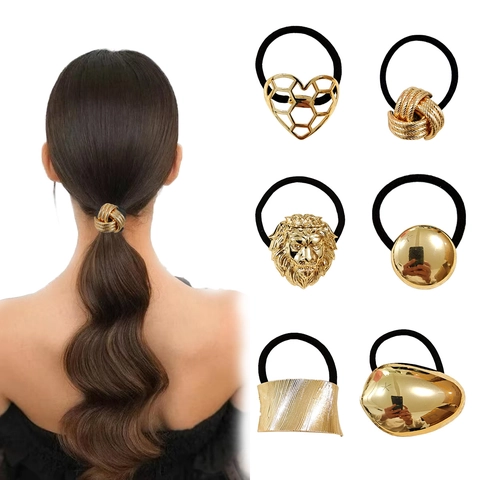 Metal Geometric Hair Ties Ponytail Holder Gothic Punk Gold Silver Tone Circle Heart Lion Head Elastic Hair Bands Women