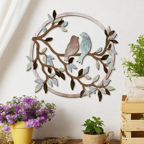 Chickadees Flowers Wreath Round Wood Wall Art Rustic Country Home Decor Hanging Door Sign Plaque