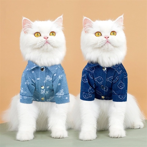 Chemise En Jean Pour Animaux Veste En Coton Motif Ours Papillon Boutons Métalliques Anneau En D Pour Petits Chiens Chats