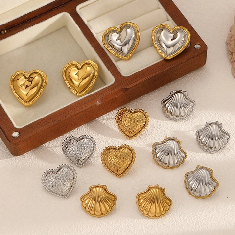 Vintage Stainless Steel Earrings 18K Gold Plated Heart Shell Geometric Hammered Texture Ins Style Women Accessory Fashion