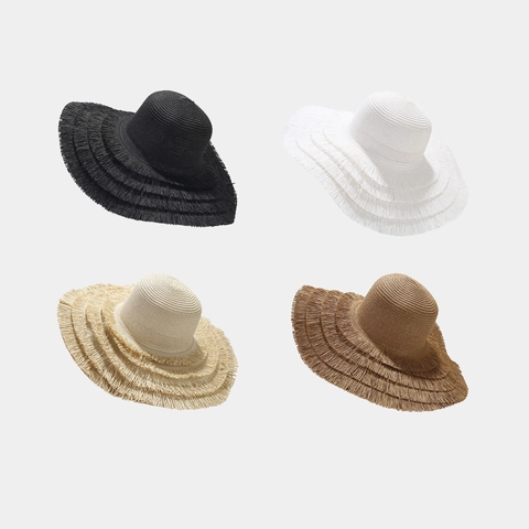 Women Straw Hat Large Brim Fringe Beach Vacation Sun Protection Breathable Paper Straw Round Top