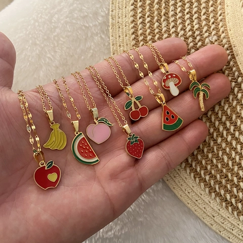 Collier À Pendentif En Fruits En Acier Inoxydable Pour Femmes Filles Émail Fraise Cerise Champignon Bijoux D'été Mignons