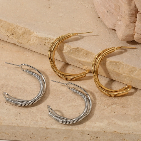 Edelstahl C-Hoop Ohrringe Für Damen Doppellagig Drahtumwickelt Spiraltextur Industrieller Stil Mode Accessoire