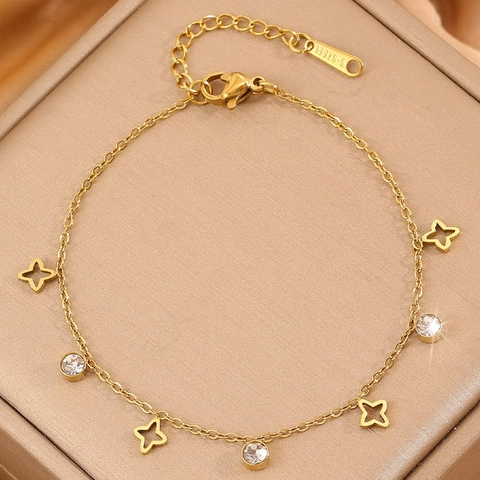 Pulsera de Acero Inoxidable Chapada en Oro para Mujer Zirconia Trébol Mariposa Cruz Sol Estrella Borla Cadena Joyería Regalo