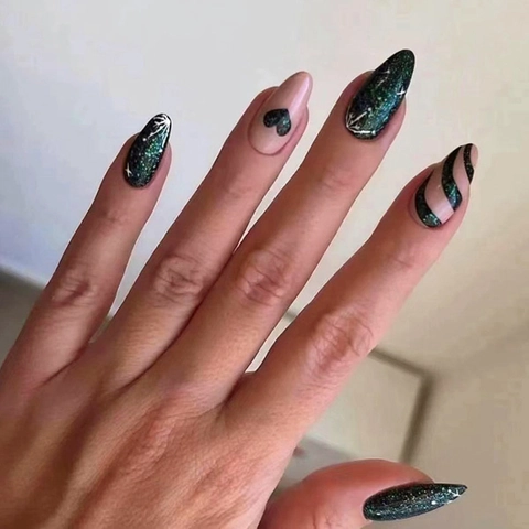 Mandel Aufdruck Nägel Lang Kunststoff Glitzer Rosa Grün Herz Galaxy Stern Wellenmuster Trendy Für Frauen