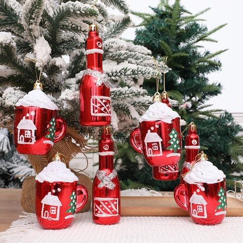 Ornamenti Appesi Per Albero Di Natale In Plastica Rosso Galvanizzato Forme Di Bottiglie E Tazze Con Motivo Di Neve Arredamento
