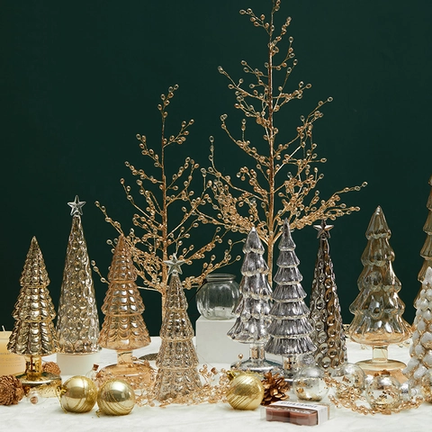 Albero Di Natale In Vetro LED Illuminato Ornamento Da Scrivania Finitura Mercurio Decorazione Casa Tavolo Luce Calda