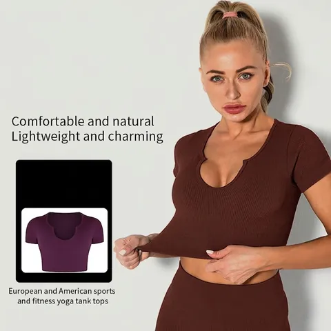 Dames Ribgebreide Yoga Crop Top Naadloos Korte Mouwen U-Hals Ademend Sneldrogend Slim Fit Sport Gym Training