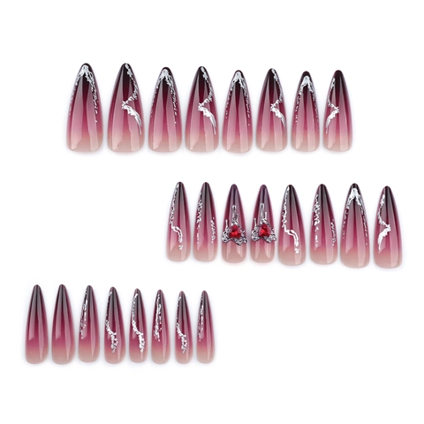 Press On Nails Lang Stiletto Dunkelrot Farbverlauf Silber Metalllinie Herz Edelstein Gothic Punk Stil Kunstnägel Damen