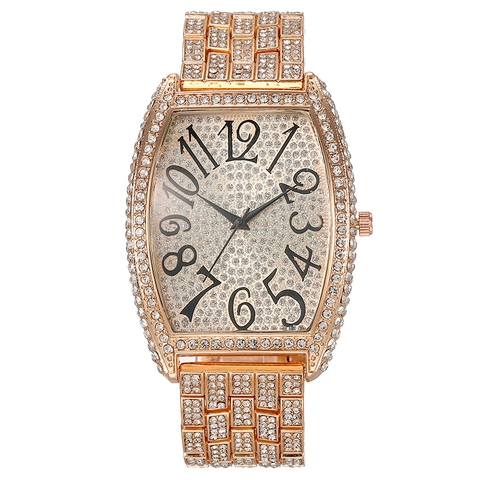 Women Luxury Quartz Watch Full Rhinestone Tonneau Shaped Alloy Metal Wristwatch With Large Numerals Fashion Jewelry Watch