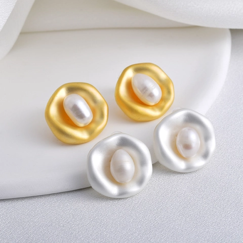 Baroque Natural Freshwater Pearl Stud Earrings Irregular Geometric Matte Copper Vintage French Style For Women