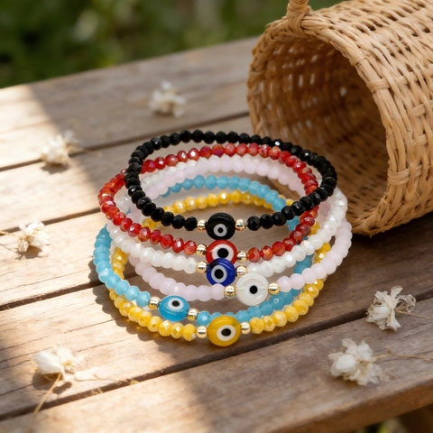 Bracelet Perles Mauvais Œil Fait Main Cristal Verre Facetté Élastique Bijoux Amulette Chanceuse Pour Femmes Hommes
