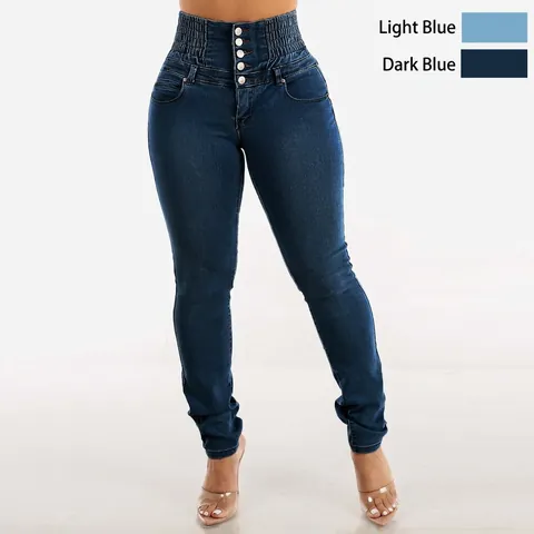 High Waist Skinny Jeans Voor Dames Meerdere Knoppen Stretch Denim Slim Fit Heuplifting Lange Potloodbroek Streetwear