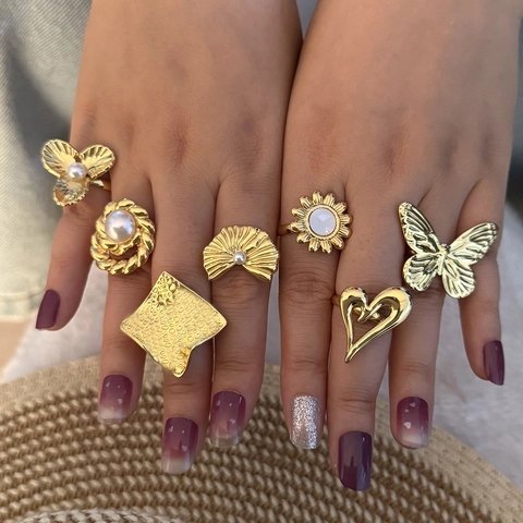 Anelli In Acciaio Inossidabile Vintage Per Donna Anello Aperto Regolabile Imitazione Perla Artificial Cuore Farfalla Forme Di Fiori Stile INS