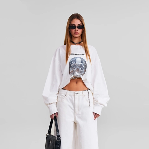 Felpa Oversize In Cotone Da Donna Stampa Teschio Manica Lunga Girocollo Streetwear Unisex Pullover Casual Top