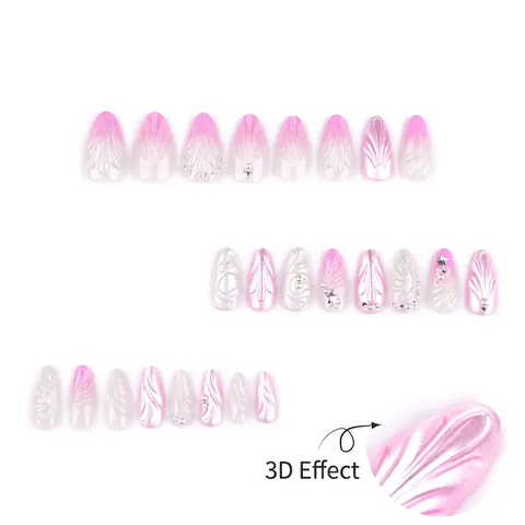 Unghie Finte Mandorla Sfumato Rosa Texture Conchiglia 3D Perla Artificiale Strass Manicure Per Donne