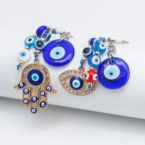 Evil Eye Hamsa Hand Schlüsselanhänger Legierung Glas Kristall Blau Gold Auto Tasche Anhänger Deko