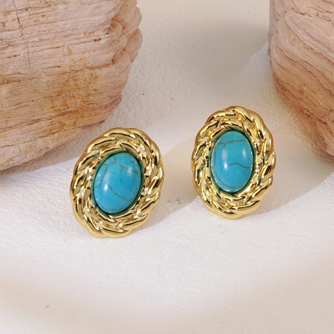 Vintage Stainless Steel Oval Stud Earrings With Artificial Pearl Blue Stone Inlay French Elegant Gold Earrings For Women