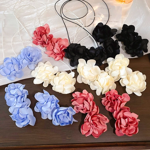 Elegantes Pendientes De Botón De Flor De Tela De Satén Con 925 Sterling Silver Earring Post Y Collar Gargantilla Para Mujer Vacaciones