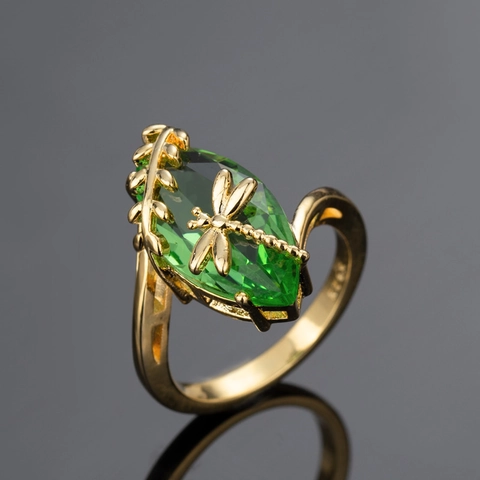 Vintage Dragonfly Ring Gold Plated Copper With Marquise Green Gemstone Nature Leaf Branch For Women Fashion Jewelry