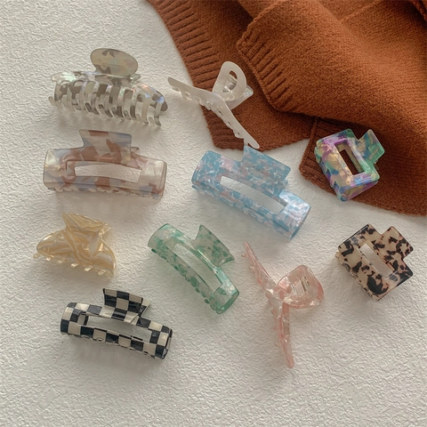 Large Hair Claw Clip Faux Acetate Acrylic Marble Checkerboard Pattern Strong Hold Shark Clip For Women Elegant Korean Style