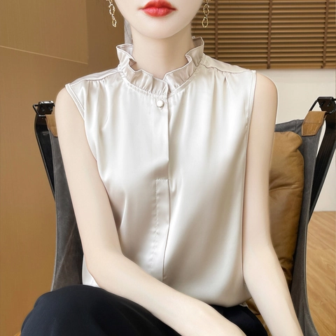 Dames Elegante Satijnen Mouwloze Overhemd Ruches Opstaande Kraag Kunstparelknop Faux Satijn Commuter Top