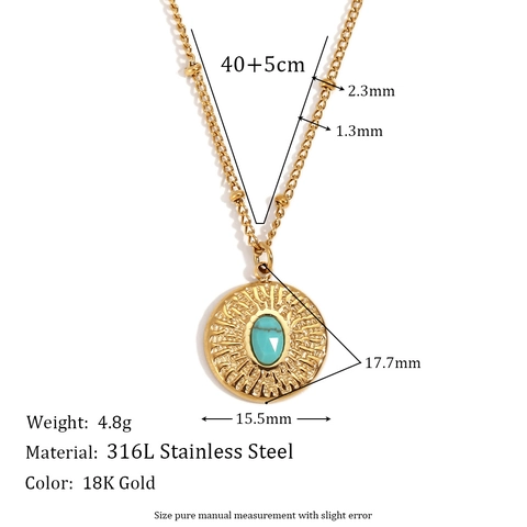 18K Verguld Roestvrij Staal Gehamerd Turquoise Ronde Hanger Ketting Boheemse Bolletjesketting Sieraden Voor Dames