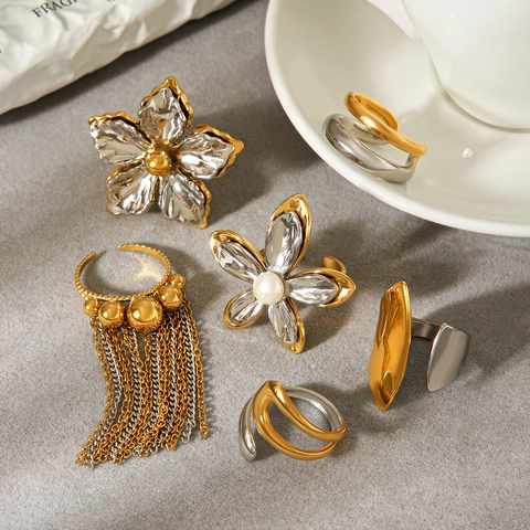 Anelli In Acciaio Inossidabile Bicolore Oro Argento Metallo Martellato Perla Artificial Sintetica Regolabile Aperto Gioielli Donna