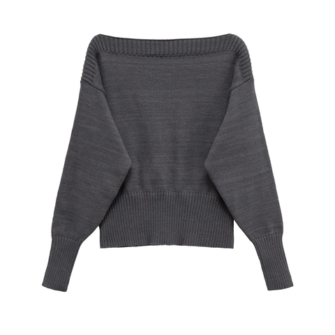 Off-The-Shoulder Knit Sweater Long Sleeve Solid Color Ribbed Trim Slim Fit Casual Elegant Pullover Tops For Women