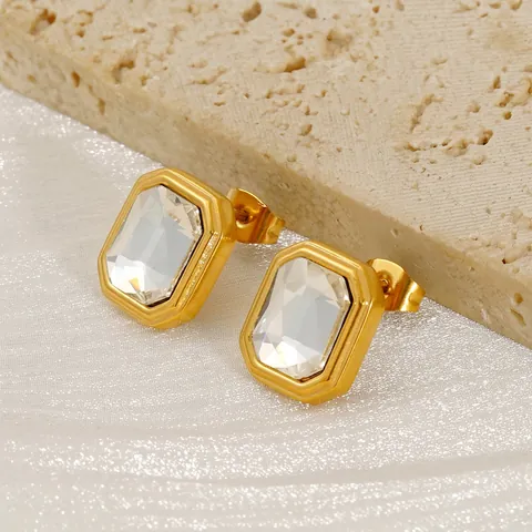 Emerald Cut Zircon Stud Earrings 18K Gold Plated Stainless Steel Retro Geometric Luxury Jewelry For Women