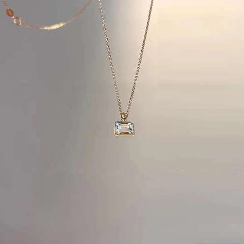 925 Sterling Silver Necklace With Rectangular Aquamarine Crystal Sugar Cube Pendant Minimalist Elegant For Women