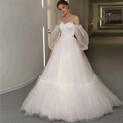 Elegant Off Shoulder Wedding Dress With Tulle Bubble Lantern Sleeves And Lace Up Back A Line Simple Bridal Gown For Women