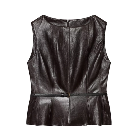 Faux Leather Sleeveless Peplum Top With Waist Belt And High Waist Midi Slit Skirt Streetwear Elegant Solid Color