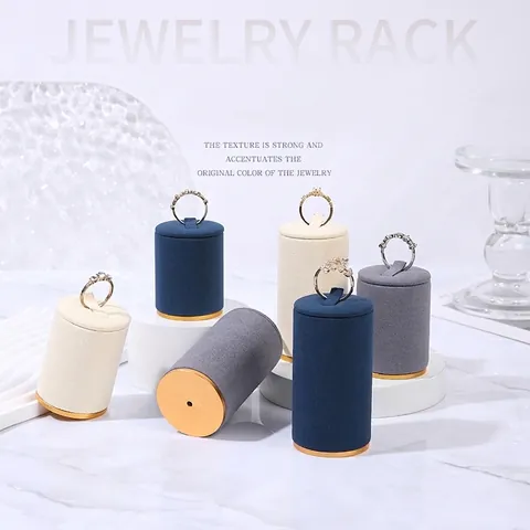 Ring Display Stand Cylindrical Jewelry Showcase Rack Aluminum Alloy Microfiber Velvet Gold Base Multi Color Photography Props