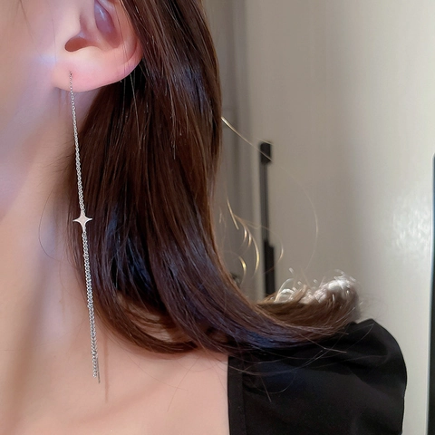 Pendientes De Cadena Con Borla En Forma De Estrella Con Silver Earring Post Cadena Larga Joyería Minimalista Para Mujeres