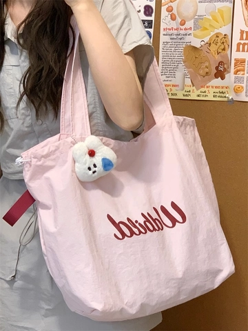 Borsa Tote Donna Grande Capacità Nylon Idrorepellente Coulisse Borsa A Spalla Casual Stampa Lettere Ciondolo Coniglio