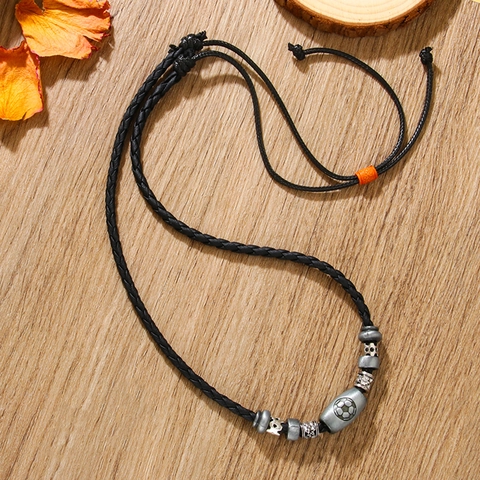 Vintage Football Pendant Necklace Handmade Beaded Leather Cord Zinc Alloy Sports Style Adjustable Jewelry