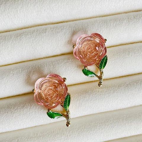 Vintage Pink Rose Flower Brooch And Stud Earrings For Women Palace Style Alloy Gold Plated Enamel Green Leaf Jewelry Gift