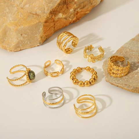 Stainless Steel Open Rings For Women Minimalist Adjustable Geometric Multi Layer Wave Band Finger Jewelry Gold Plated
