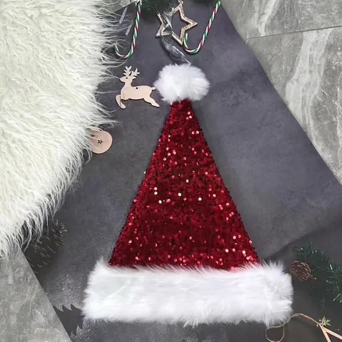 Weihnachtsmütze Pailletten Bunt Plüsch Kunstpelz Besatz Glänzende Weihnachtsmannmütze Für Feiertagsparty Feier