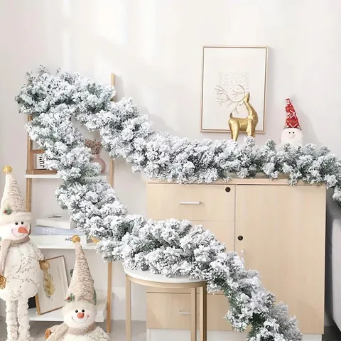 Christmas Flocked Garland And Wreath Artificial PVC Pine Needle With Snow For Fireplace Stairs Door Decoration Festive