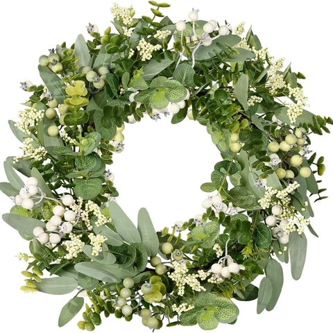 Artificial Eucalyptus Wreath With White Berries And Welcome Wood Sign Spring Summer Door Hanging Decoration