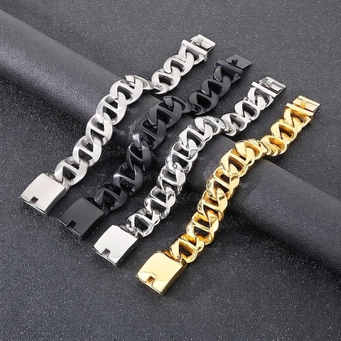 Men Stainless Steel Cuban Link Chain Bracelet Heavy Thick Polished Matte Punk Retro Hip Hop Fashion Jewelry