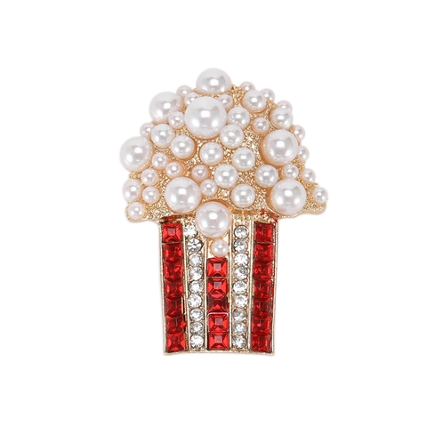 Broche Seau De Pop-corn Alliage Métal Doré Avec Imitation Künstliche Perles Et Strass Bijoux Fantaisie Mignons Accessoire De Revers