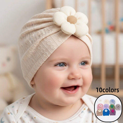 Baby Flower Turban Hat Soft Ribbed Knit Headwrap For Newborn Infant Toddler Solid Color Soft Warm Beanie Hat