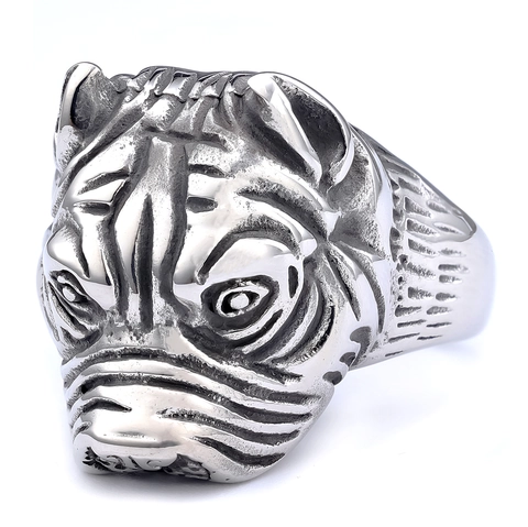 Anello Testa Di Bulldog Acciaio Inossidabile Punk Gothic Forma Animale Gioielli Biker Unisex Accessorio Intagliato